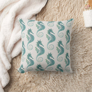 Almofada Padrão de Cavalo-Marinho Azul Turquesa Creme Monog