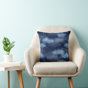 Almofada Padrão de Céu Azul Escuro das Estrelas Douradas da