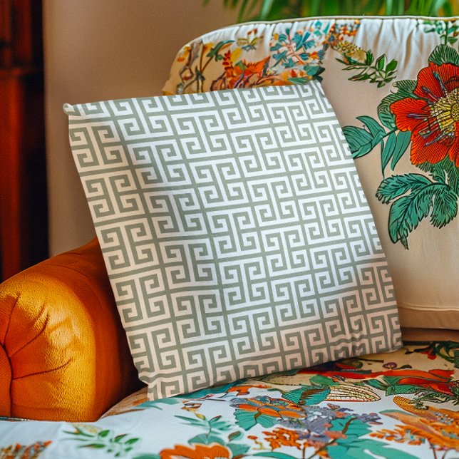 Almofada Padrão de Chave Grega em Sage Claro (Light Sage Greek Key Pattern Throw Pillow)