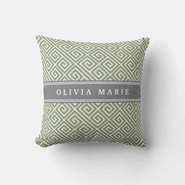 Almofada Padrão de chave grega verde do nome personalizado (Frente)