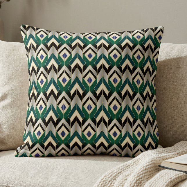 Almofada Padrão de Chevron Art Déco Dourado Verde (Criador carregado)