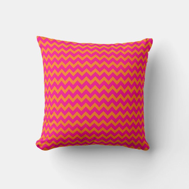 Almofada Padrão de Chevron Laranja e Rosa Vibrante (Frente)