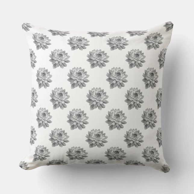 Almofada Padrão de Chrysanthemum - Monocromo em Branco (Frente)