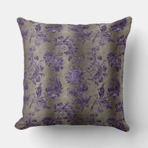 Almofada Padrão de Cinza Verde de Damasco Floral Roxo Vinta