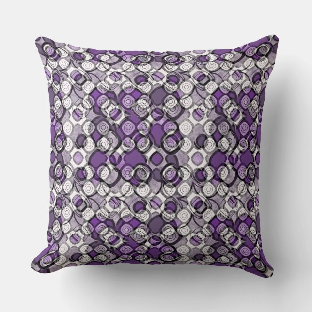 Almofada Padrão de Círculo Abstrato Roxo, Cinza e Preto (Frente)