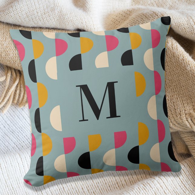 Almofada Padrão de círculo cor-de-rosa azul retro (Criador carregado)