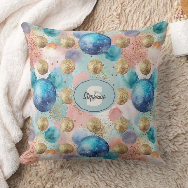 Almofada Padrão de Círculo Dourado e Azul com Acentos de Gl (Cobertor)