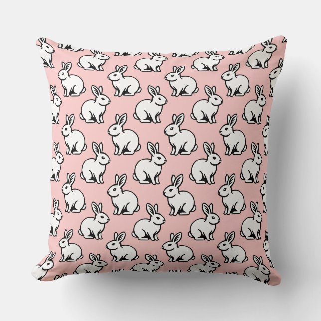 Almofada Padrão de coelhos - Preto e Branco com rosa esmaec (Frente)