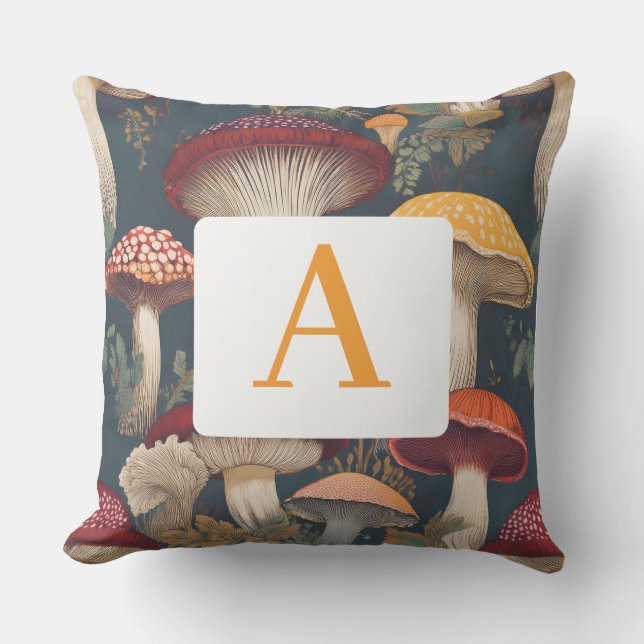Almofada Padrão de Cogumelo Botânico Whimsical com Monogram (Frente)