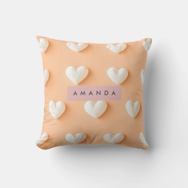 Almofada Padrão de Coração Branco Personalizado em Pêssego (Frente)