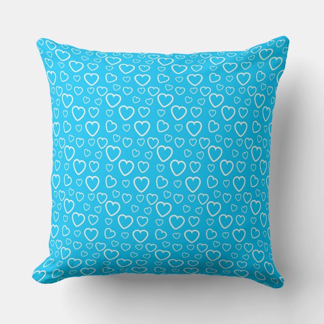 Almofada Padrão de Corações de Amor Azul e Branco Médio (Frente)