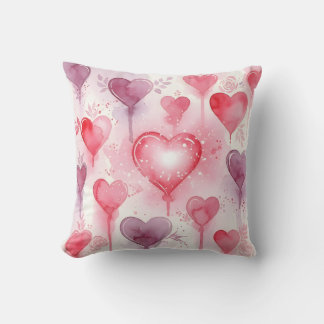 Almofada Padrão de Corações em Aquarela Rosa e Roxo Românti