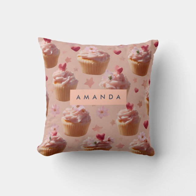 Almofada Padrão de Cupcake Rosa Cute Personalizado (Frente)