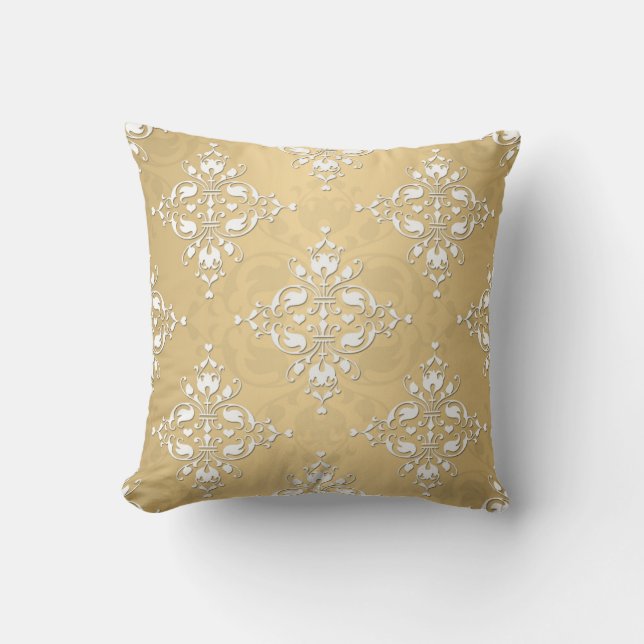 Almofada Padrão de Damasco Amarelo Dourado e Branco (Frente)