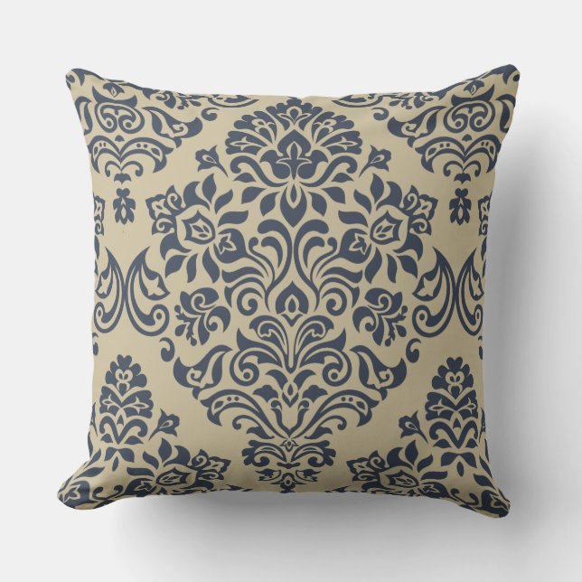Almofada Padrão de Damasco Azul e Creme Elegante (Frente)