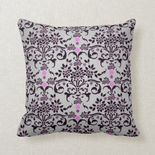 Almofada Padrão de Damasco Floral Preto Prata Roxo Chique