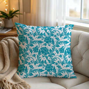 Almofada Padrão de Damasco Floral Turquesa e Branco