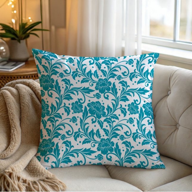 Almofada Padrão de Damasco Floral Turquesa e Branco (Criador carregado)