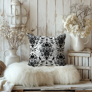 Almofada Padrão de damasco ornamental vintage branco e pret