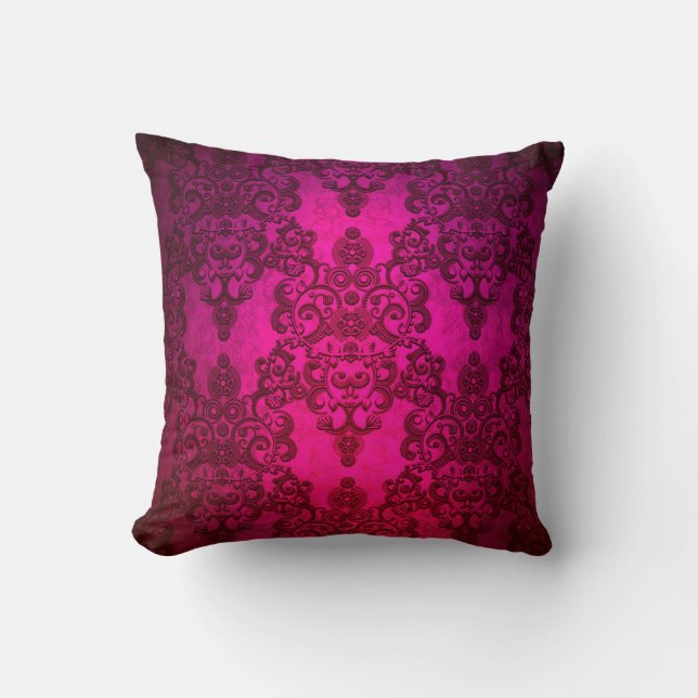 Almofada Padrão de Damasco Rosa Brilhante e Sofisticado (Frente)