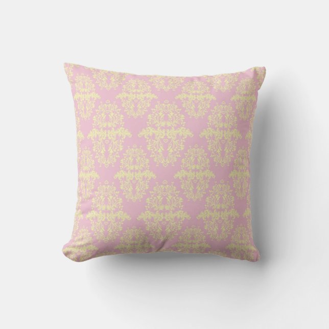 Almofada Padrão de Damasco Rosa e Amarelo Claro (Frente)