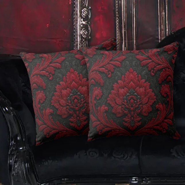 Almofada Padrão de Damasco Vermelho e Preto (Criador carregado)