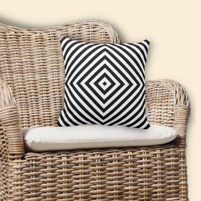 Almofada Padrão de Diamante Aninhado Preto e Branco (Black & White Nested Diamond Pattern Throw Pillow, Dining Room)