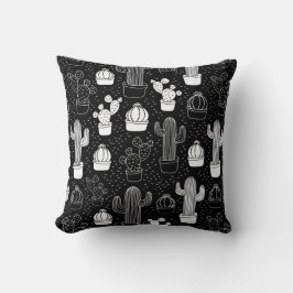 Almofada Padrão de Doodle do Cactus Preto e Branco