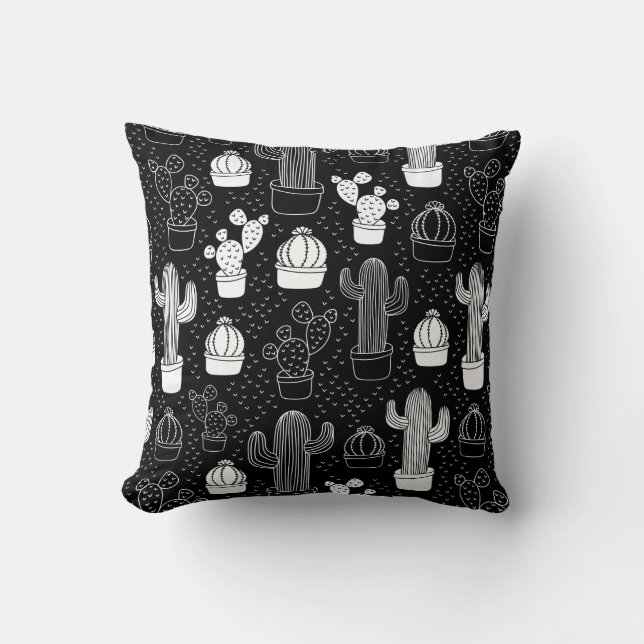 Almofada Padrão de Doodle do Cactus Preto e Branco (Frente)