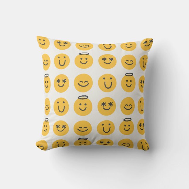 Almofada Padrão de Emoji Feliz Desenhado à Mão (Frente)