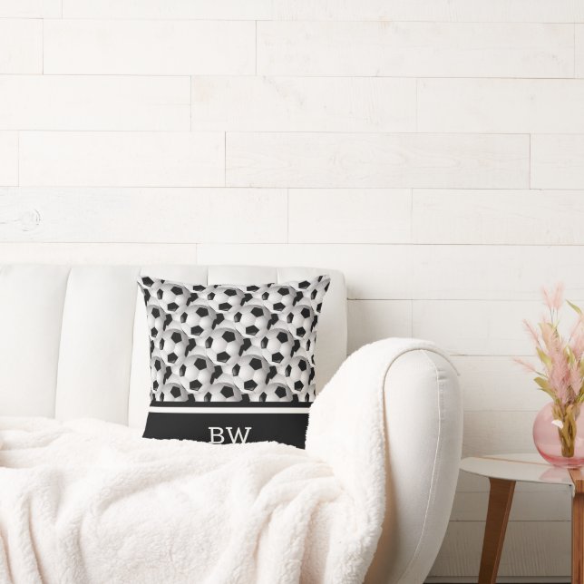 Almofada Padrão de esfera de futebol branco preto monograma (Sofá)