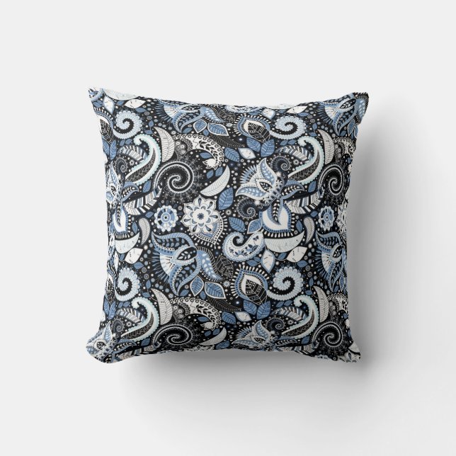 Almofada Padrão de Estampa Paisley Branco e Azul (Frente)