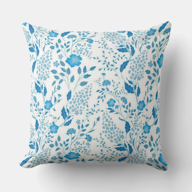 Almofada Padrão de Estilo de Bordado Floral Branco Azul   (Frente)
