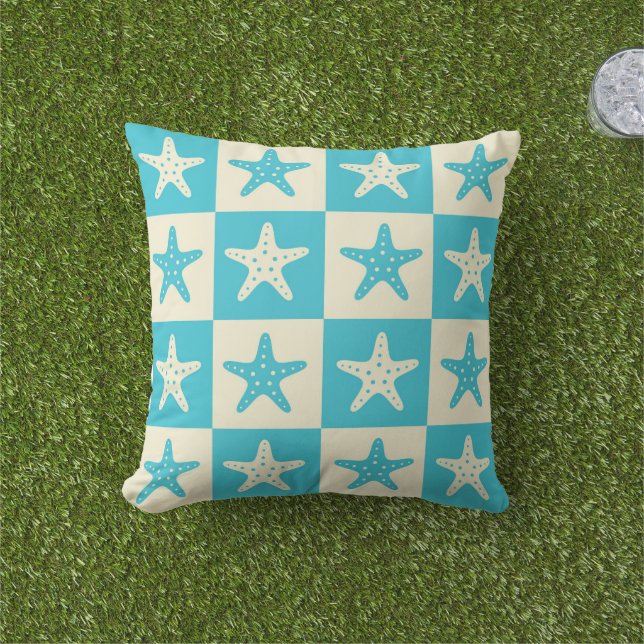 Almofada Padrão de Estrela-do-Mar Azul e Branco Xadrez (Grama)