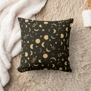 Almofada Padrão de Fases da Lua do ouro Boho em Preto