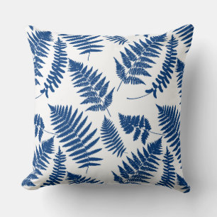 Almofada Padrão de Fern Woodland, Azul Cobalto em Branco