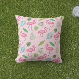 Almofada Padrão de Flamingo Rosa com folhas Tropicais