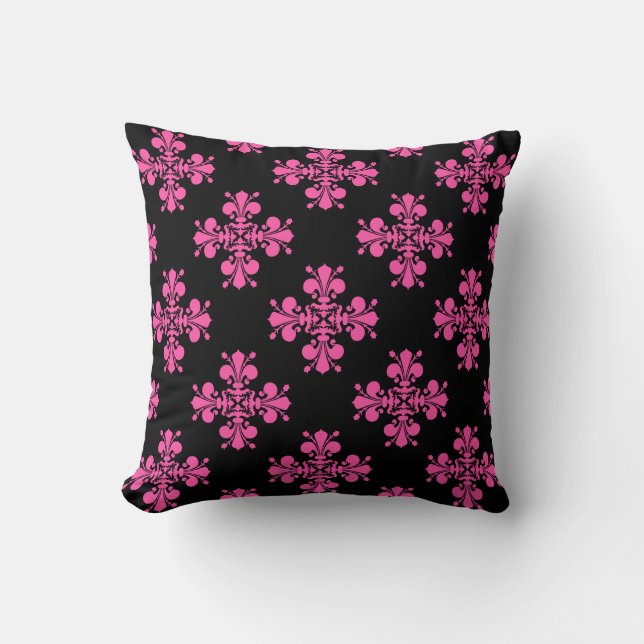 Almofada Padrão de Fleur de Lis preto-rosa Elegante (Frente)