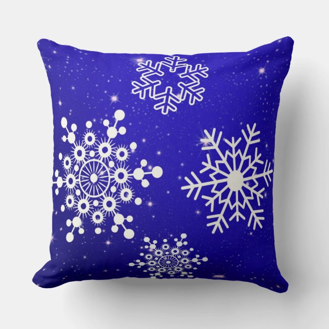 Almofada Padrão de Floco de Neve Azul e Branco de Natal (Frente)