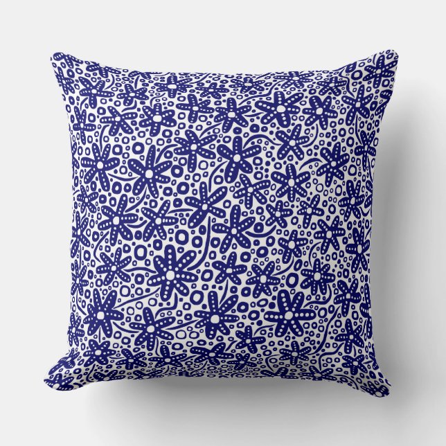Almofada Padrão de Flor 240412 - Azul-disco em branco (Frente)