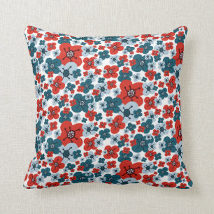 Almofada Padrão de Flor Branco, Vermelho e Azul