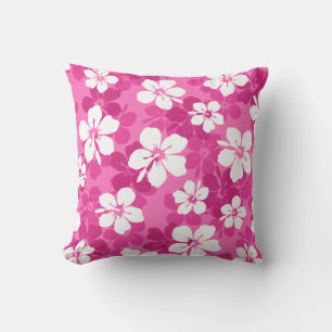 Almofada Padrão de Flor de Hibisco Branco Violeta Tropical