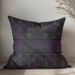 Almofada Padrão de Flor-de-lis Roxo-Real Moderno Monograma