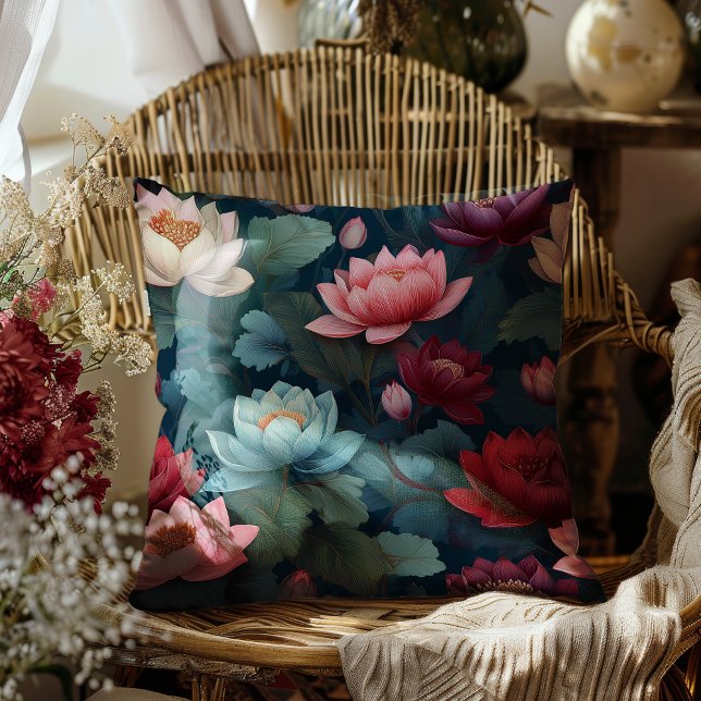 Almofada Padrão de Flor de Lotus Moderno Elegante (Elegant Moody Modern Lotus Flower Pattern Throw Pillow)