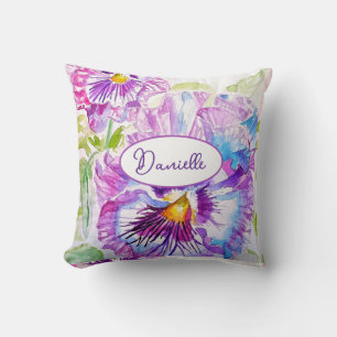 Almofada Padrão de Flor de Pensamento Roxo Aquarela Azul Me
