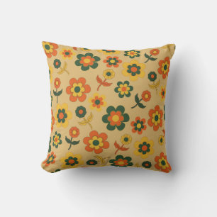 Almofada Padrão de Flor do Laranja de Imagem Retroativa 70s