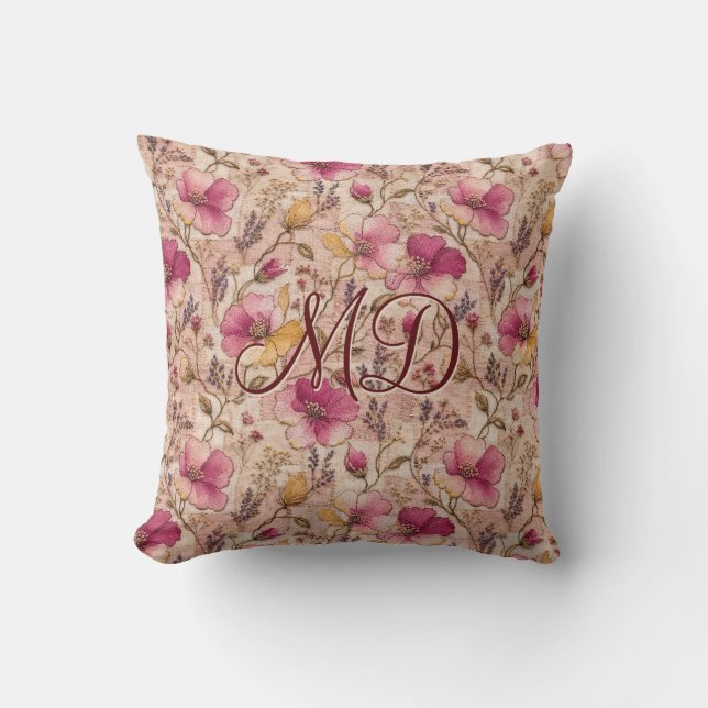 Almofada Padrão de Flor Embroiderada Rosa Chic (Frente)
