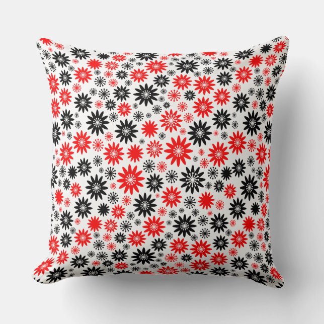 Almofada Padrão de Flor - Preto com Vermelho e Branco (Frente)