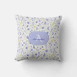 Almofada Padrão de Flor Silvestre Aquarela Azul Nome Person
