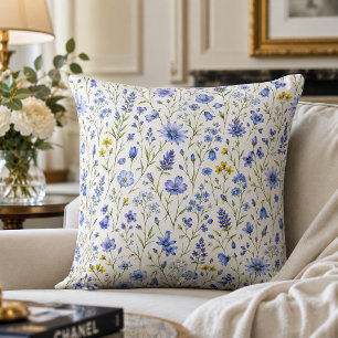 Almofada Padrão de Flor Silvestre em Aquarela Azul Amarelo